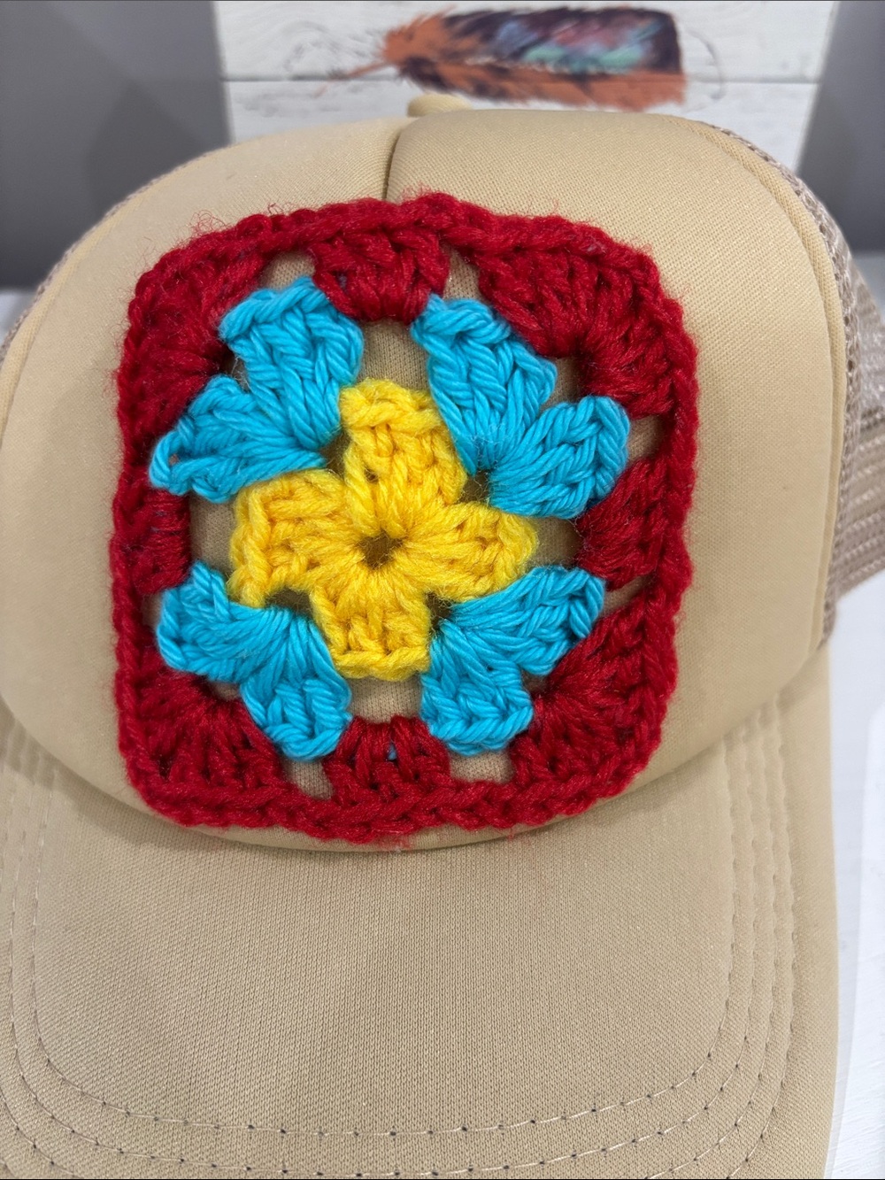 Beige Trucker Hat with Red, Blue, and Yellow Crochet Granny Square - Picture 3 of 4